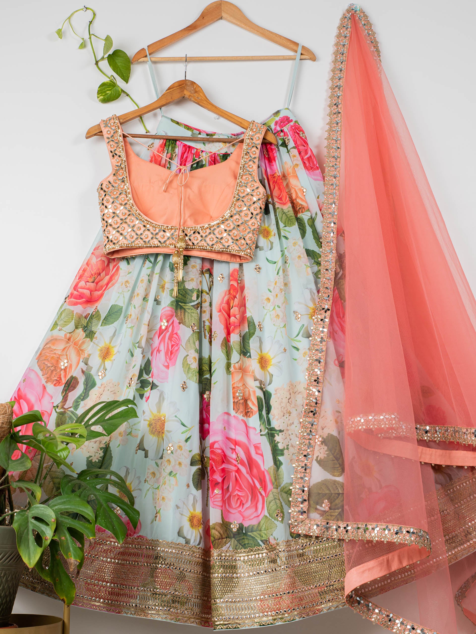 Aqua Floral Mirror Lehenga Set with Apricot Peach Blouse image 1