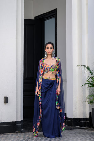 Iris Highlighted Bralette Paidawn Dhoti Skirt Set And Highlighted Applique Cape image 0