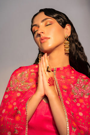 Hot Pink Printed And Embroidered Cape And Pants Set image 2