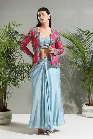 Grey Top and Skirt Set With Fuchsia Jacket image 3