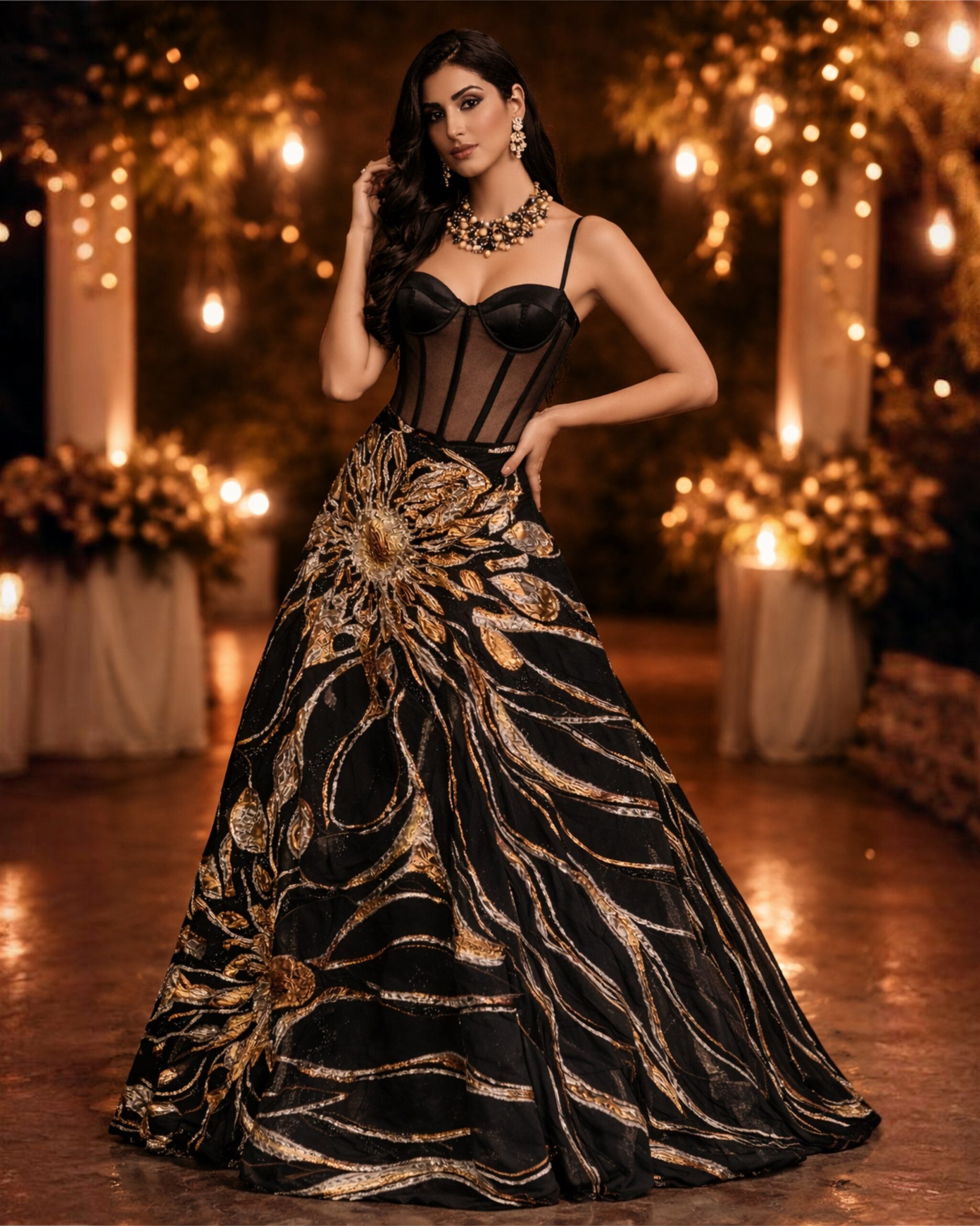 Black corset blouse with a laced back teamed with a black and molten gold woven skirt image 1