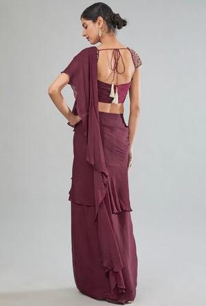 Wine Pre-Drape Saree image 4