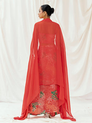 Red Printed Embroidered Drape Skirt Set with Cape image 6