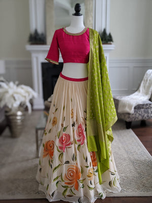 Ivory Floral Lehenga with Fuchsia Blouse image 1