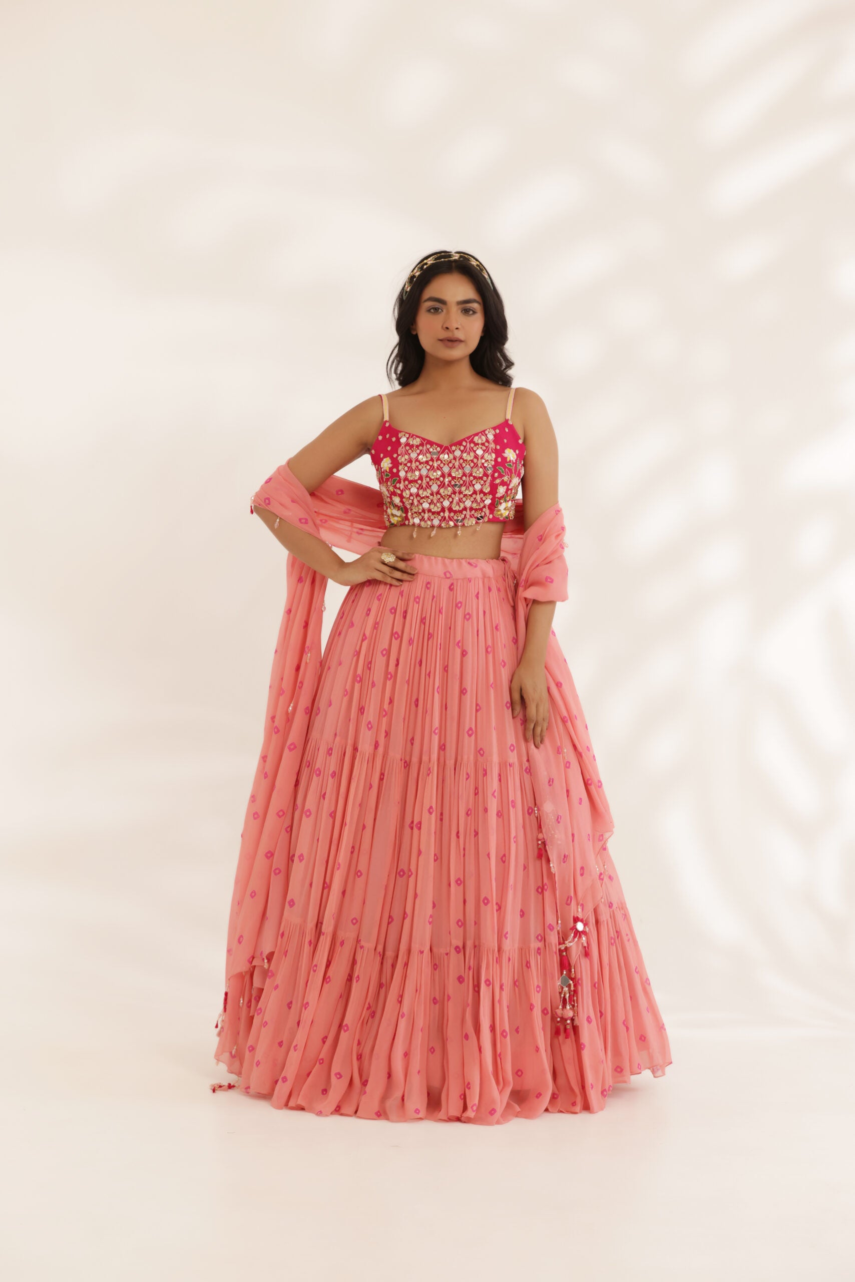 Coral Peach Bandhani Three Tier Lehenga image 1