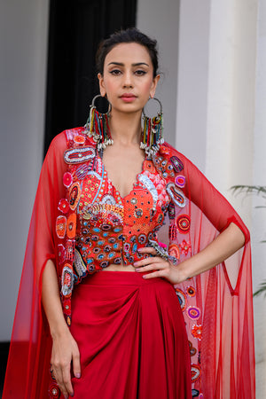 Dawn Highlighted Jacket And Dhoti Skirt Set And Highlighted Applique Cape image 1