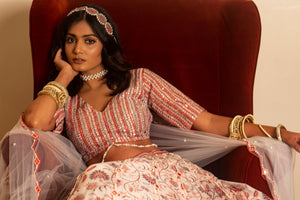 White and Peach Organza Lehenga Set image 4