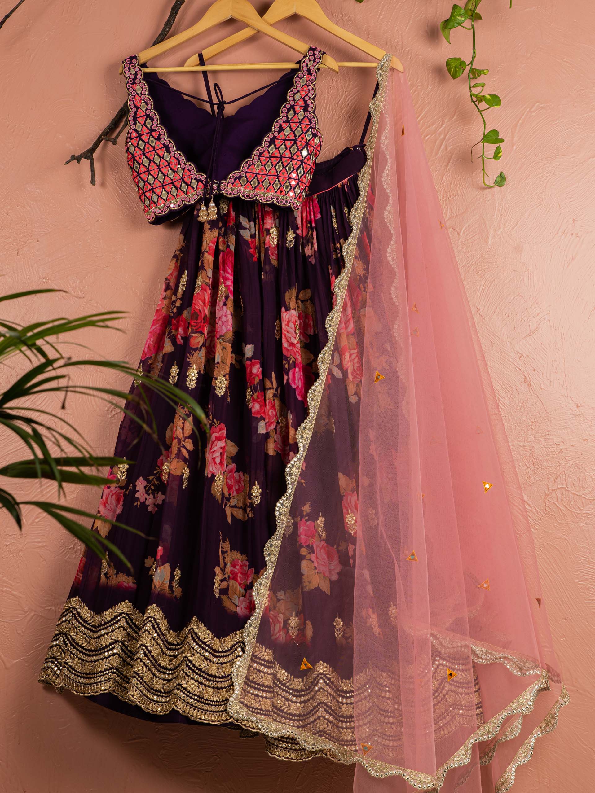 Violet Floral Mirror Lehenga Set with Light Pink Dupatta image 1