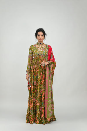 Olive Green Highlighted Anarkali Paired with Dual Print Dupatta image 0