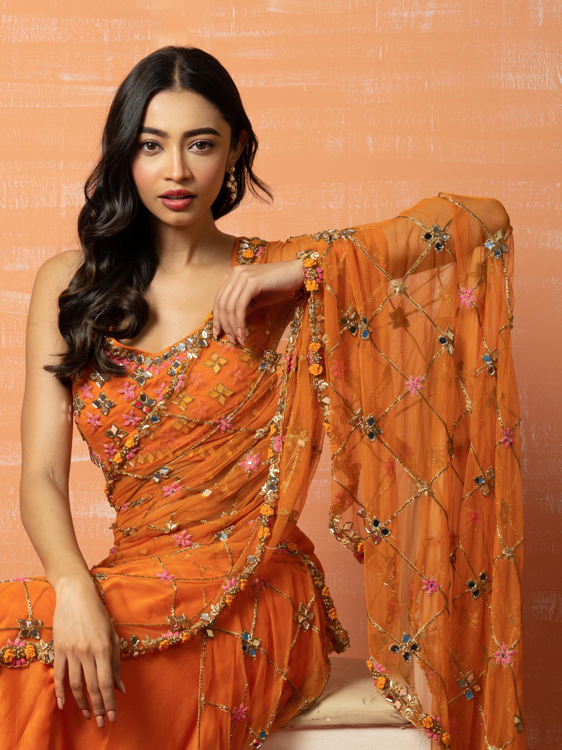 Orange Mirror Prestitched Saree Set image 1
