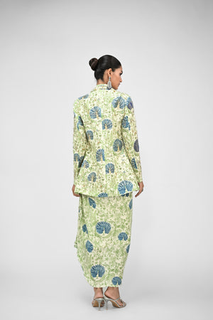 Peacock Bralette, Cowl Skirt Paired With Highlighted Peacock Blazer Set image 1