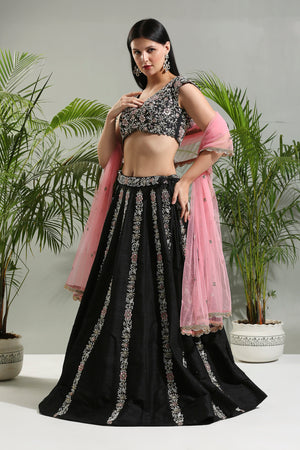 Black and Pink Thread and Mirror Hand Embroidered Lehenga Set - M image
