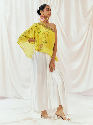Bright Yellow Printed Embroidered Drape Skirt Set with Top & Bustier - M image