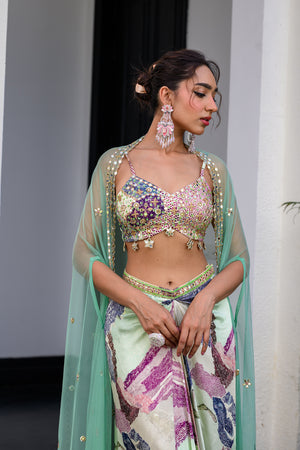 Eden Highlight Bralette With Mirror Work Paidawn With Dhoti Skirt And Cape image 6