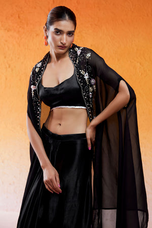 Black Embroidered Drape Skirt Set with Cape image 3