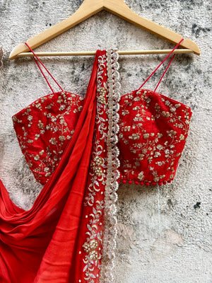 Rust Red pre-stiched Ruffle Saree image 5