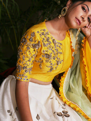 Yellow Blouse with White Lehenga image 1