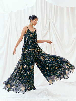 Navy Blue Printed Embroidered Peplum Sharara Set image 4