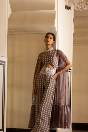 Grey Printed Jumpsuit With Organza Shrug image 7