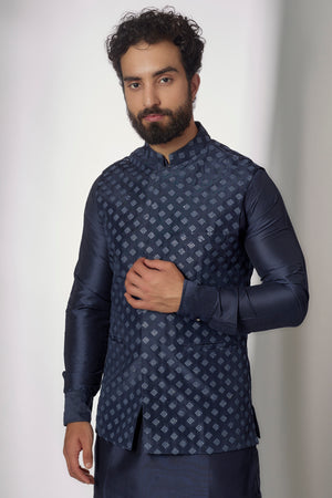 Navy Embroidered Nehru Jacket with Kurta Set image 1