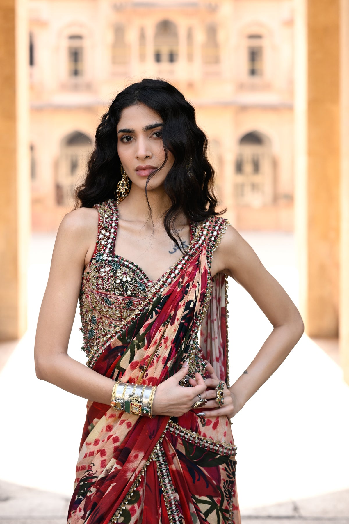 Maroon Pre-stitched Saree With Emboidered Blouse Blouse