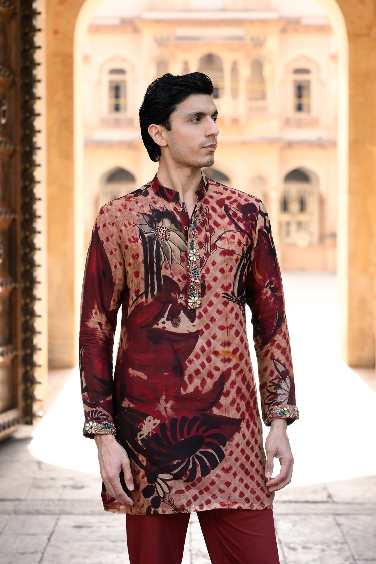 Red Organza Kurta With Work On Cuff With Maroon Flare Pant