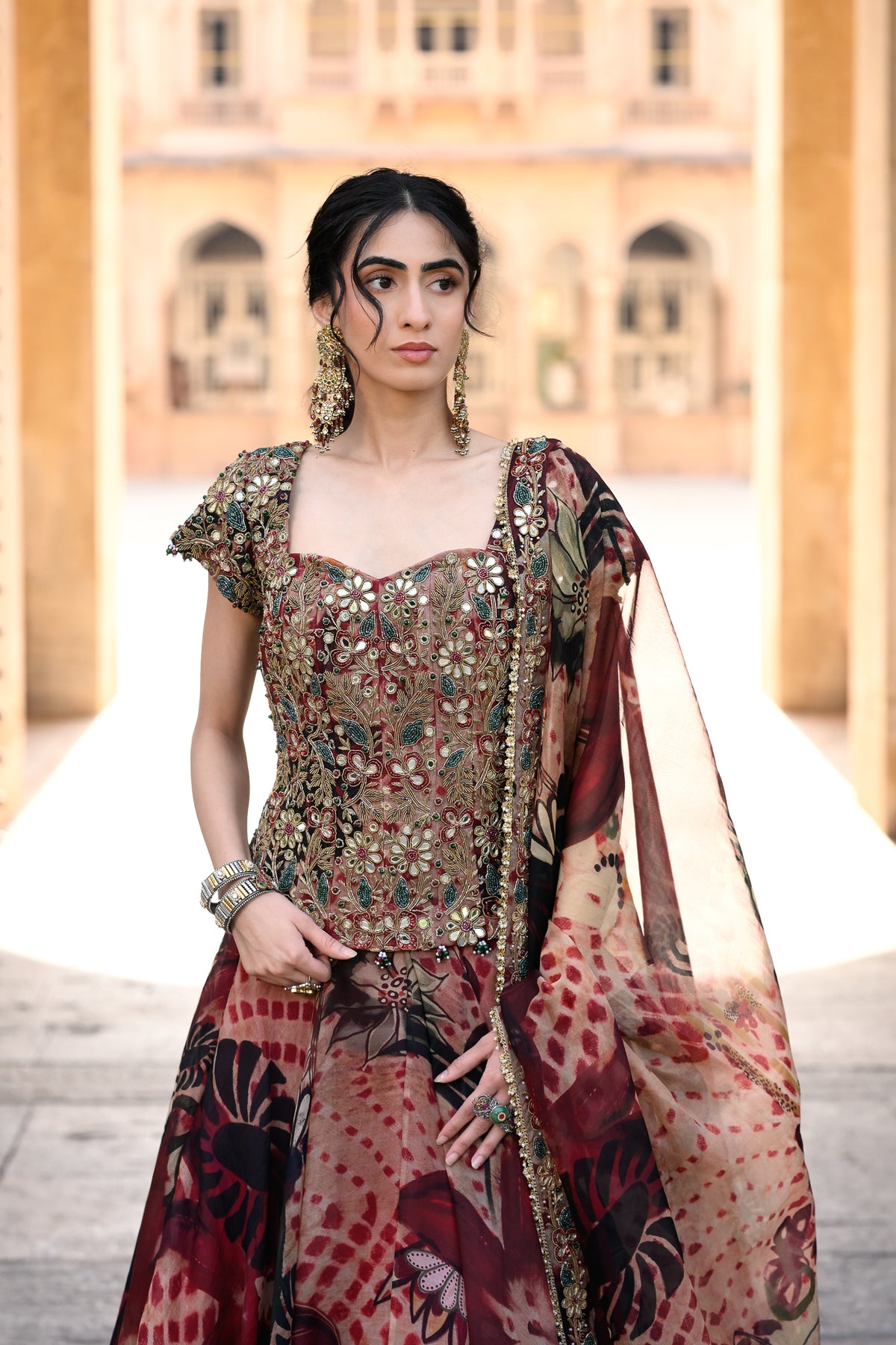 Maroon Printed Organza Lehenga with Embroidered Corset With Dupatta