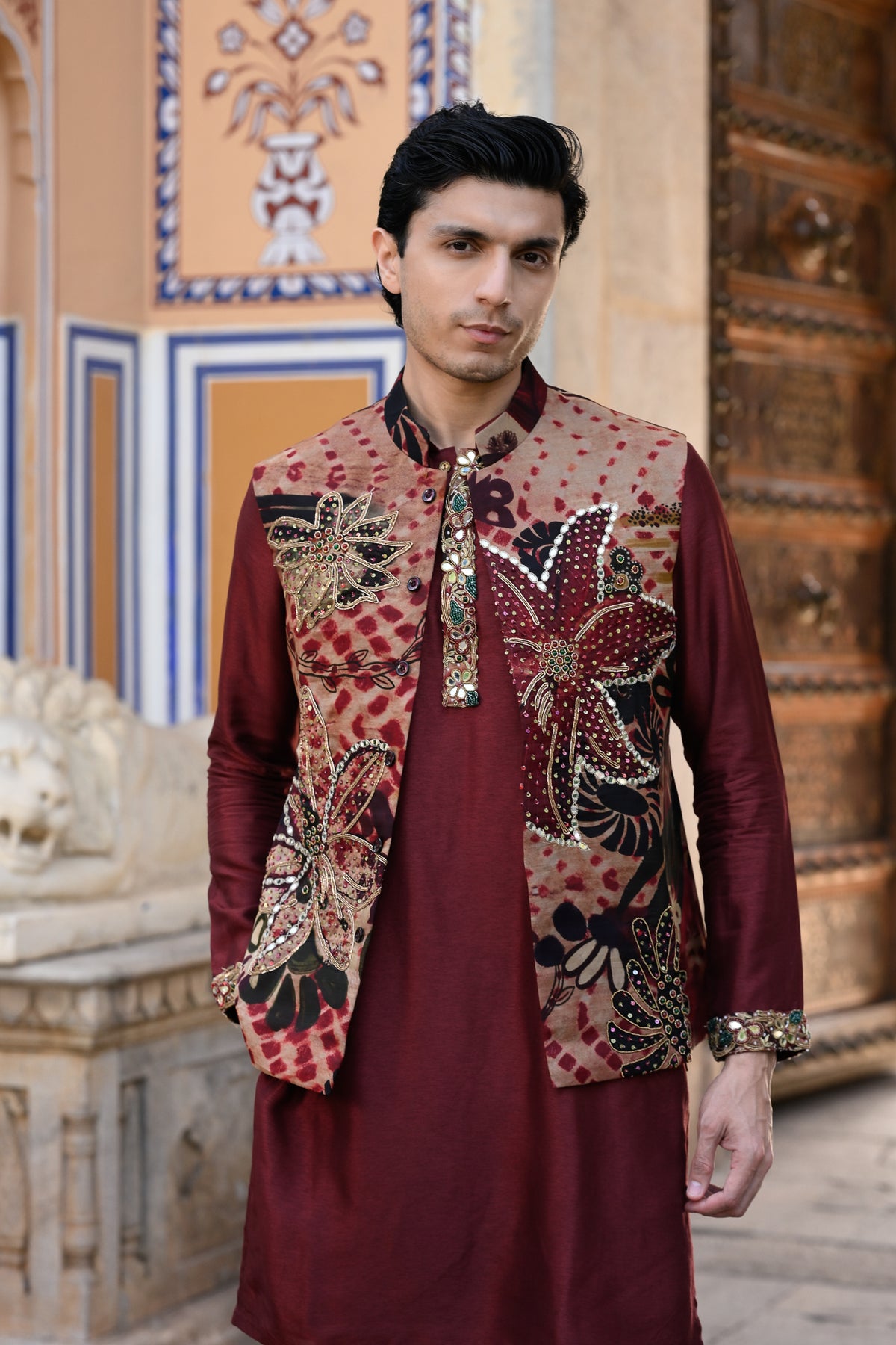 Red Organza Highlighted Bundi With Plain Maroon Kurta And Flare Maroon Pant