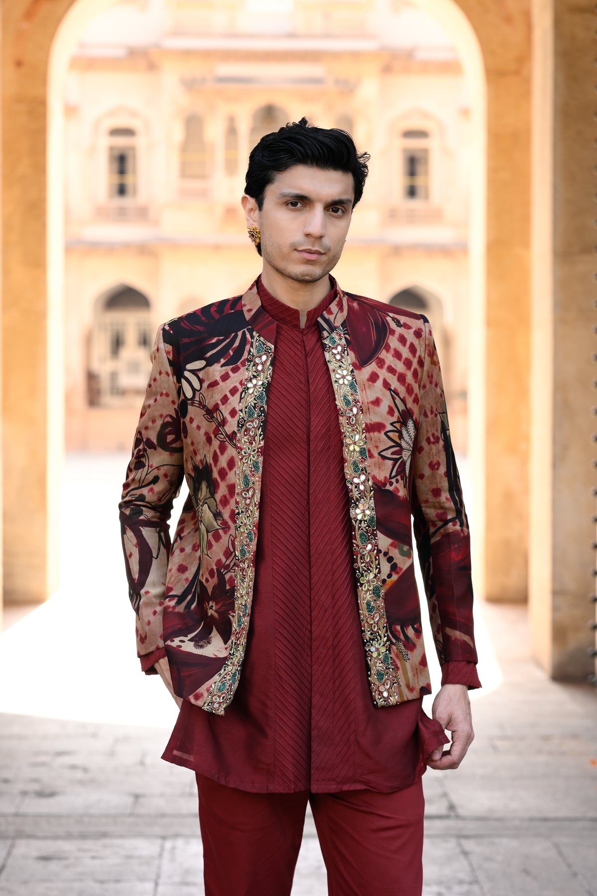 Red Organza Achkan With Border And Plain Pintuck Kurta With Maroon Flare Pant