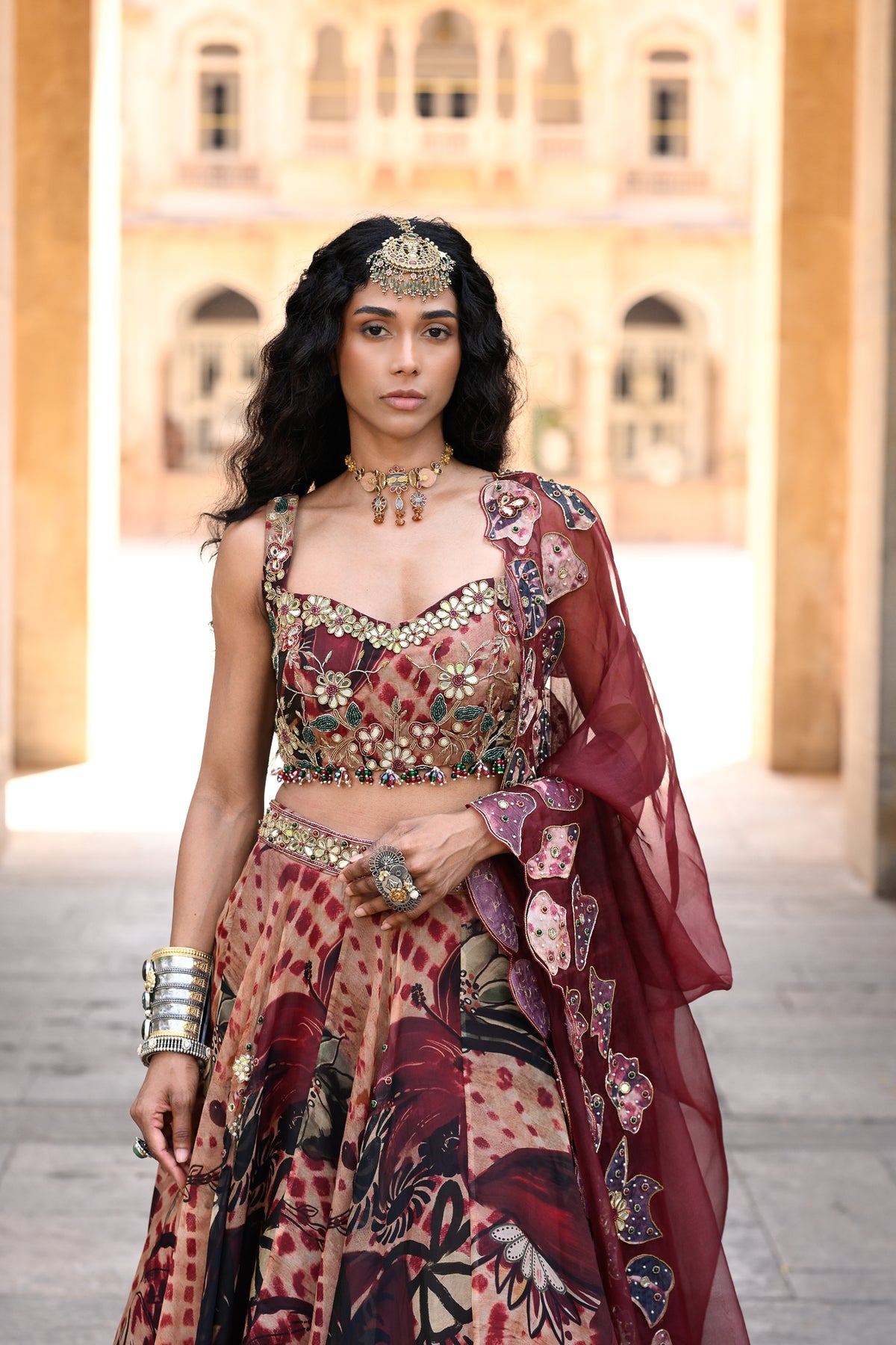 Maroon Organza Lehenga Highlighted With Embroidered Blouse & Applique Dupatta