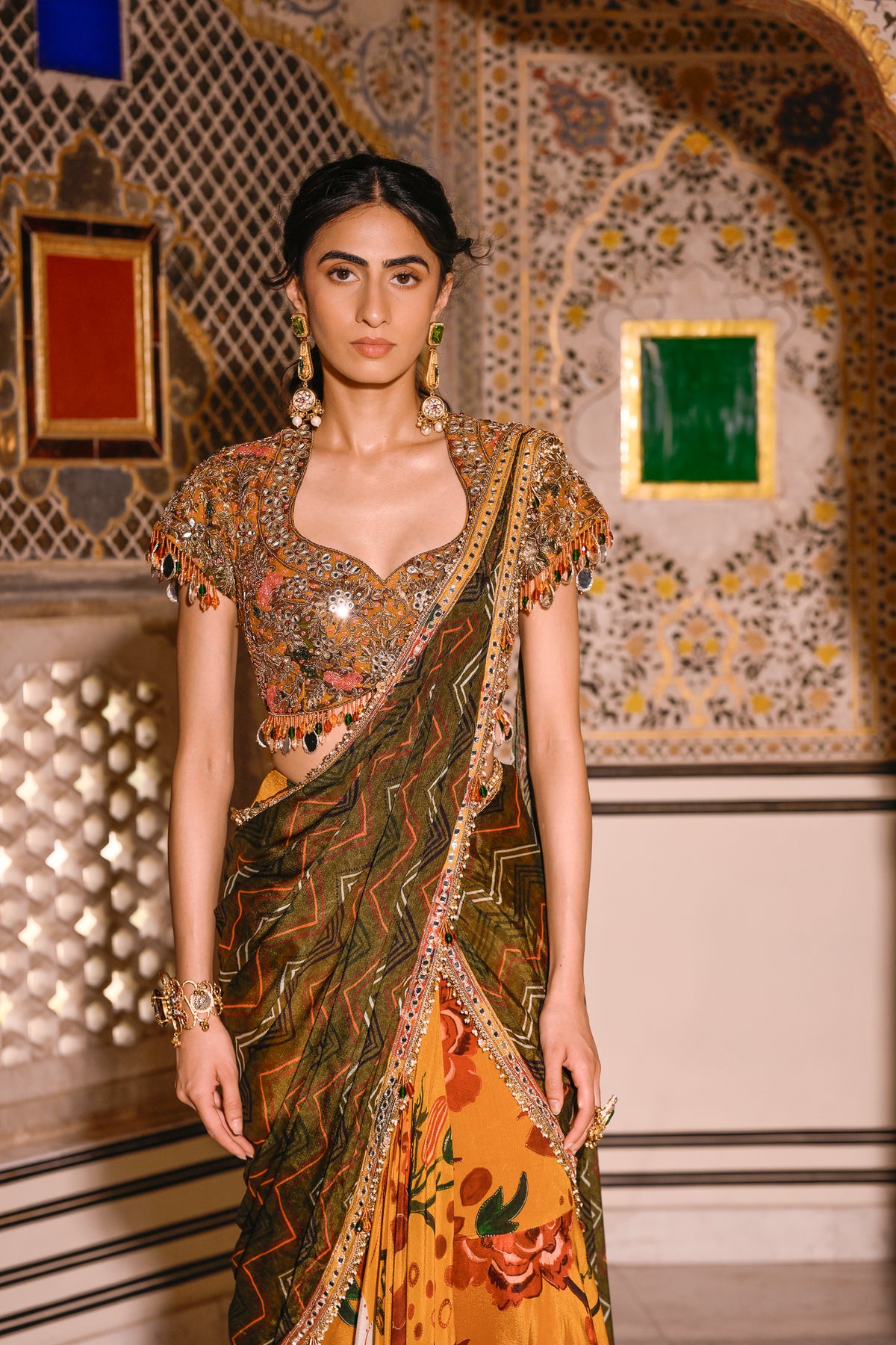 Dual Yellow and Green Printed Pre-Stitched Saree with Embroidered Blouse