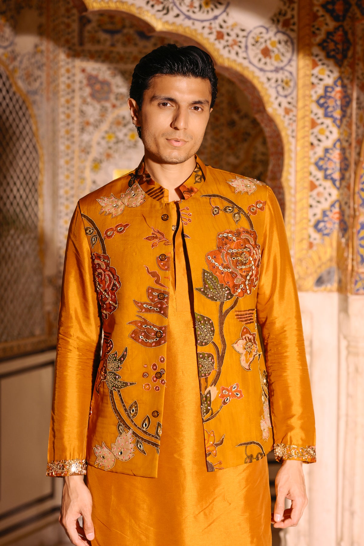 Yellow Highlighted Printed Bundi With Yellow Kurta & Beige Flare Pant