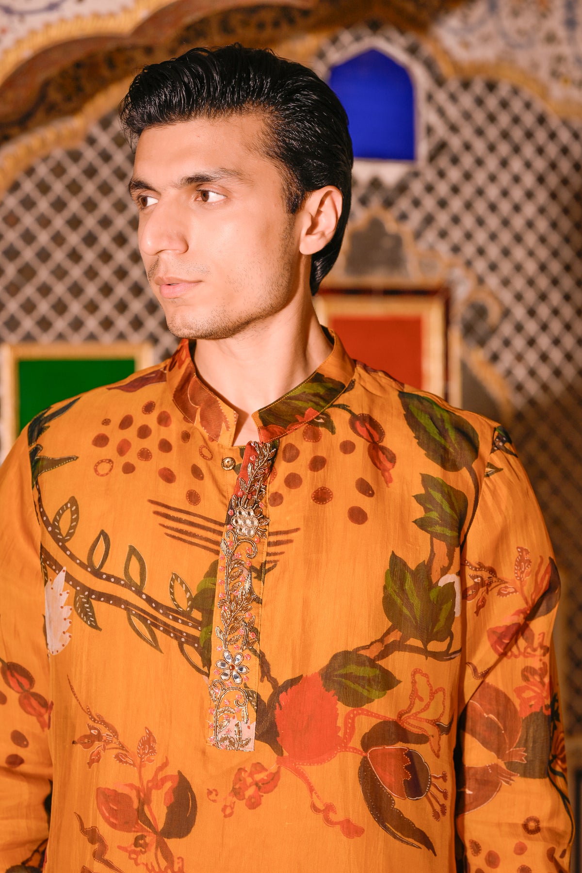 Yellow Printed Organza Kurta With Beige Flare Pant