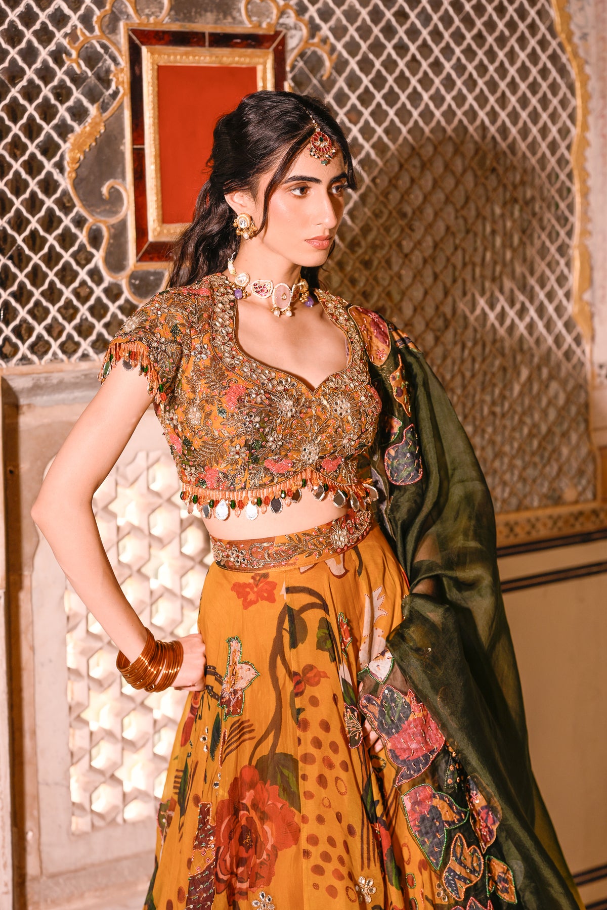 Yellow Embroidered Blouse with Highlighted Lehenga and Dupatta