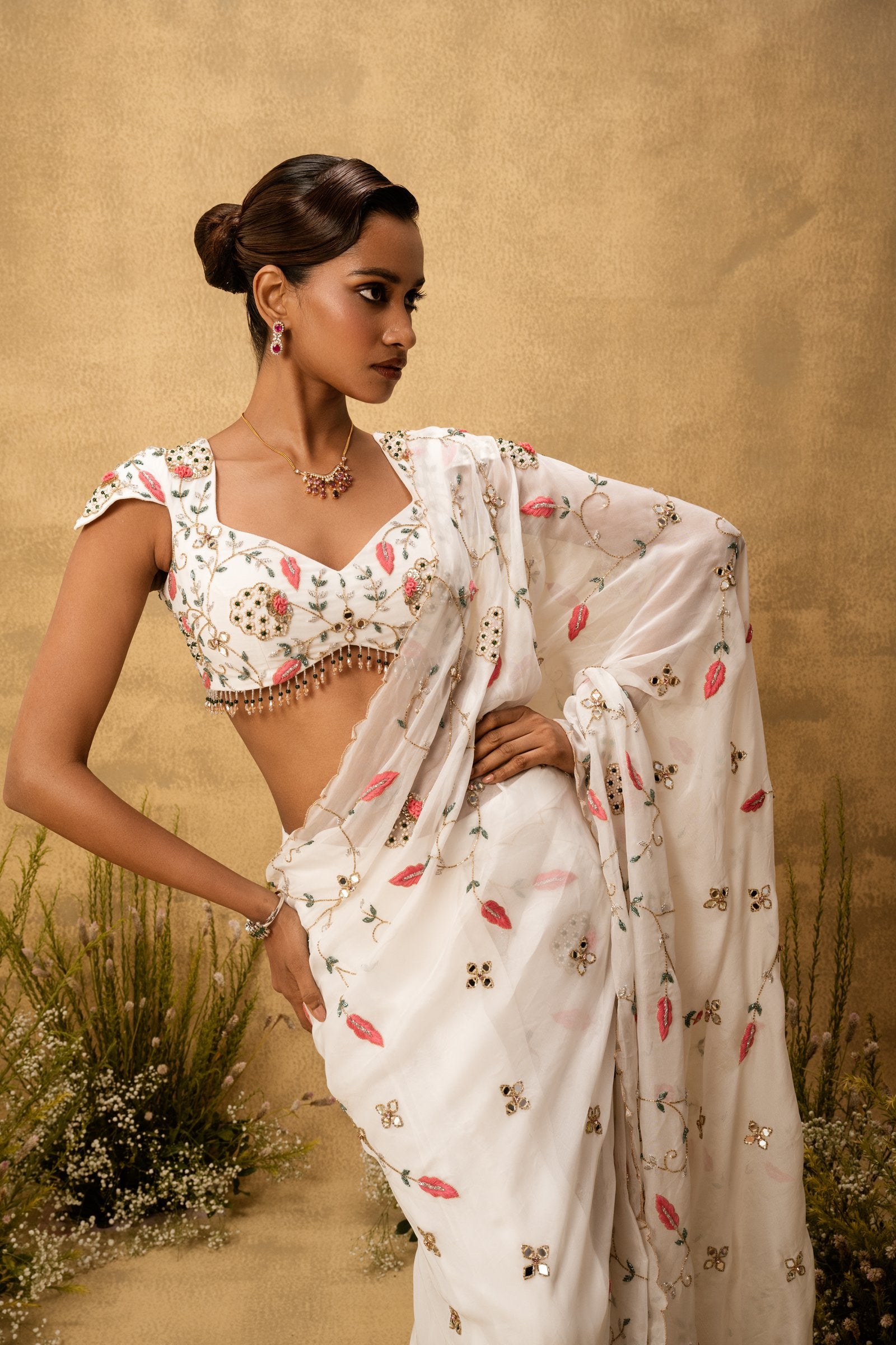 Ivory Pre-Stitched Hand Embroidered Organza Saree Set