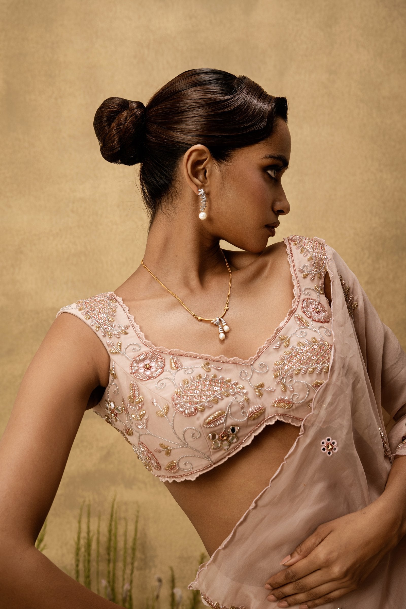 Pastel Pink Pre-Stitched Hand Embroidered Organza Saree Set