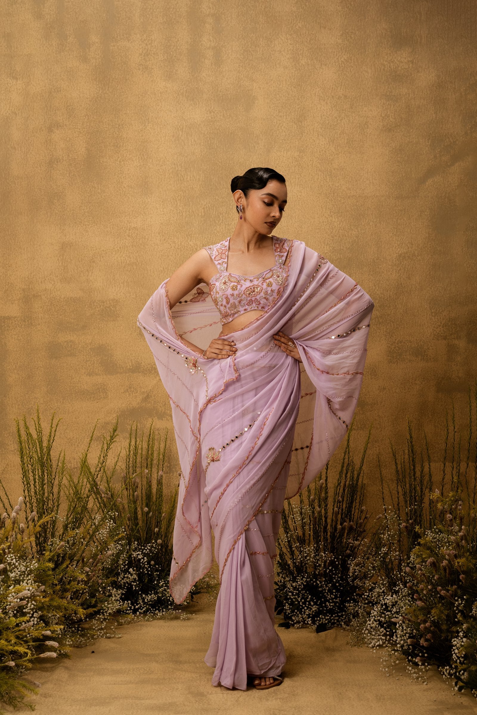 Lilac Georgette Pre-Stitched Hand Embroidered Georgette Saree Set