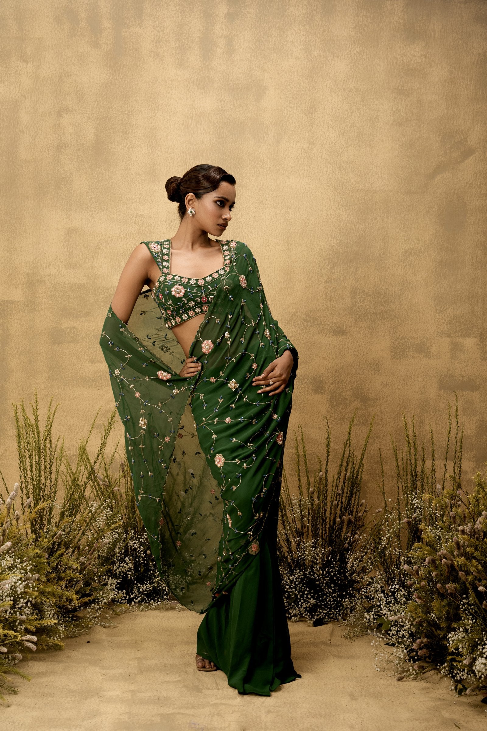 Emerald Green Pre-Stitched Hand Embroidered Georgette Saree Set