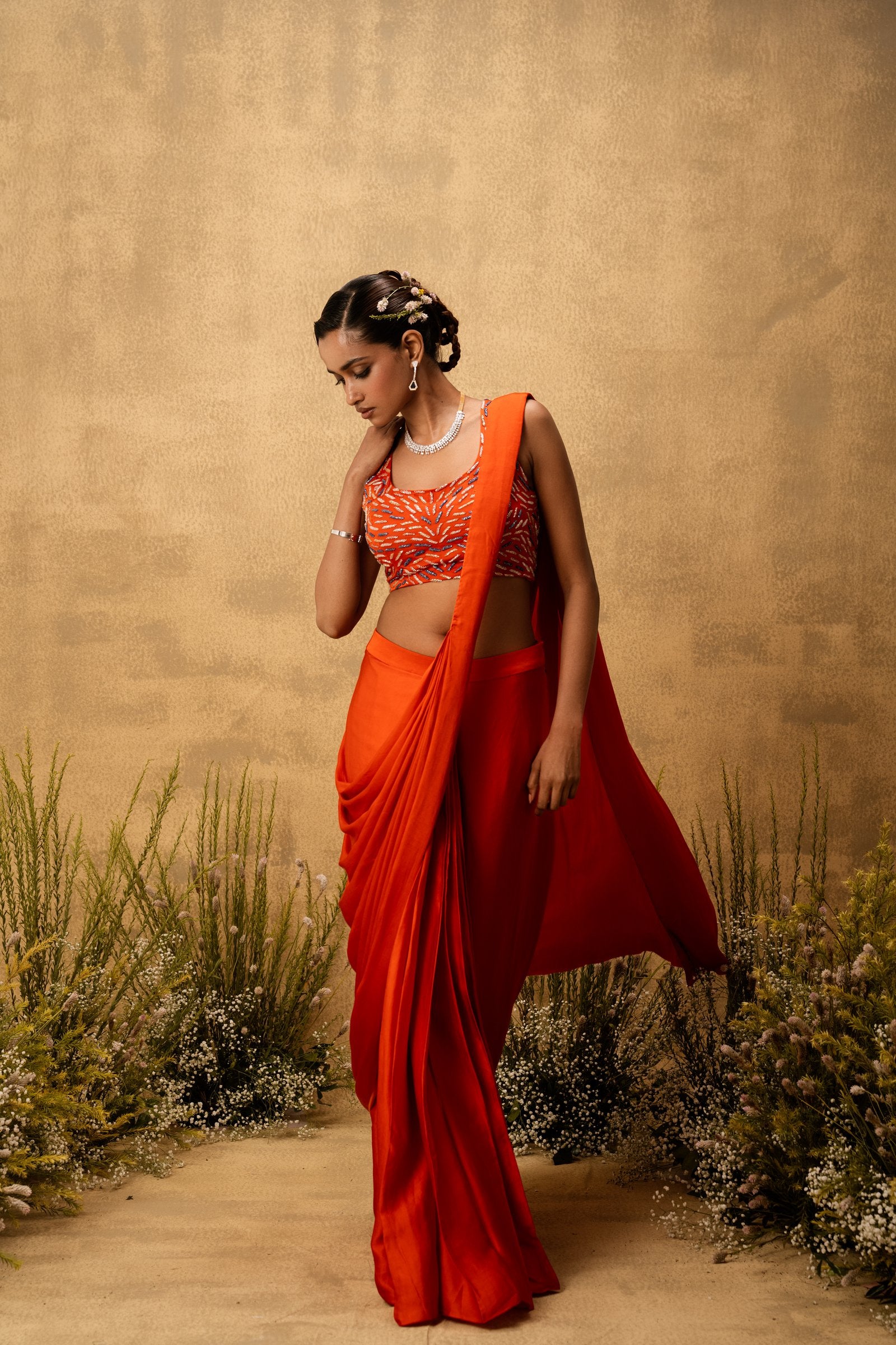Bright Orange Pre-Draped Modal Satin Saree With Embroidered Blouse