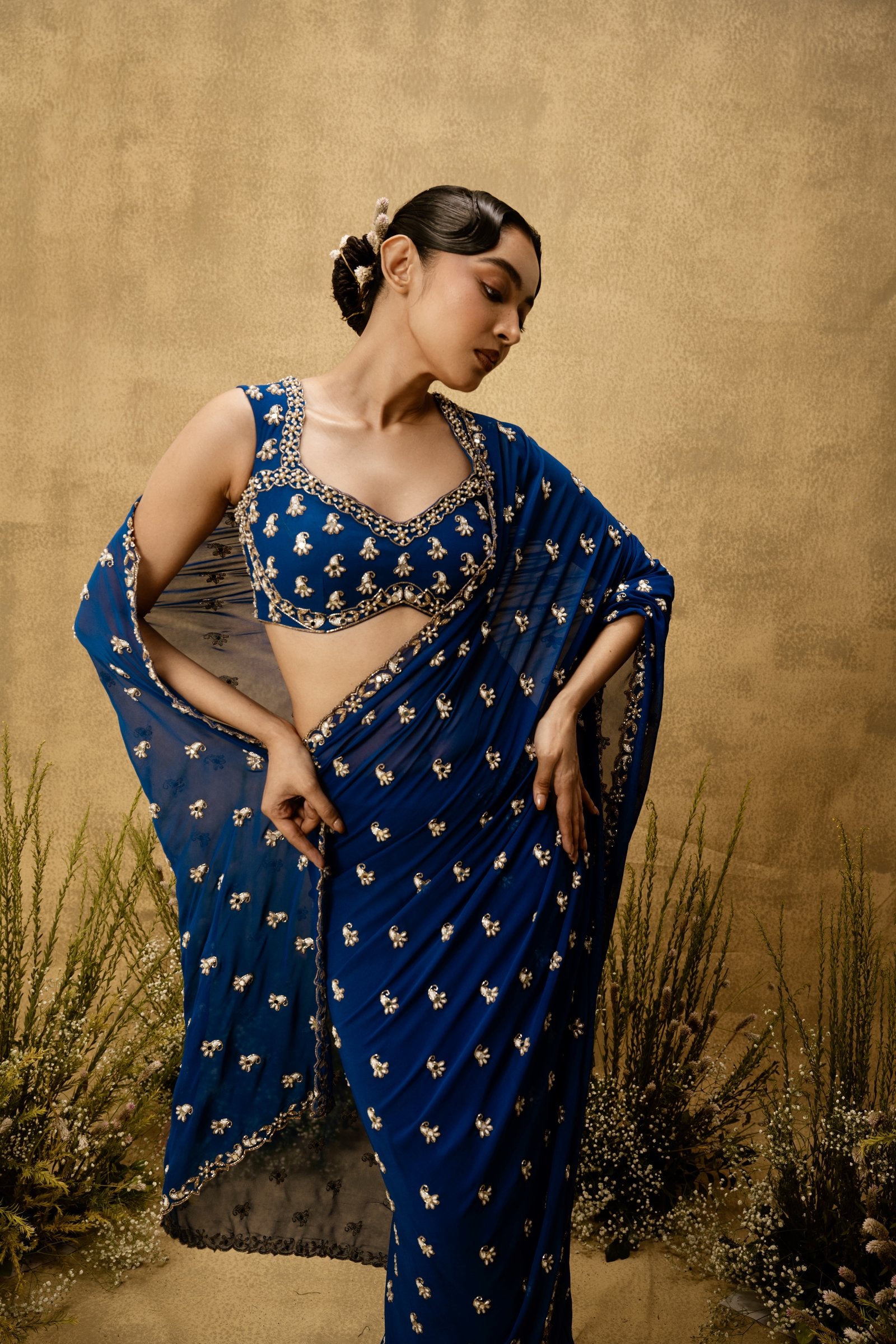 Sapphire Blue Pre-Stitched Hand Embroidered Georgette Saree Set