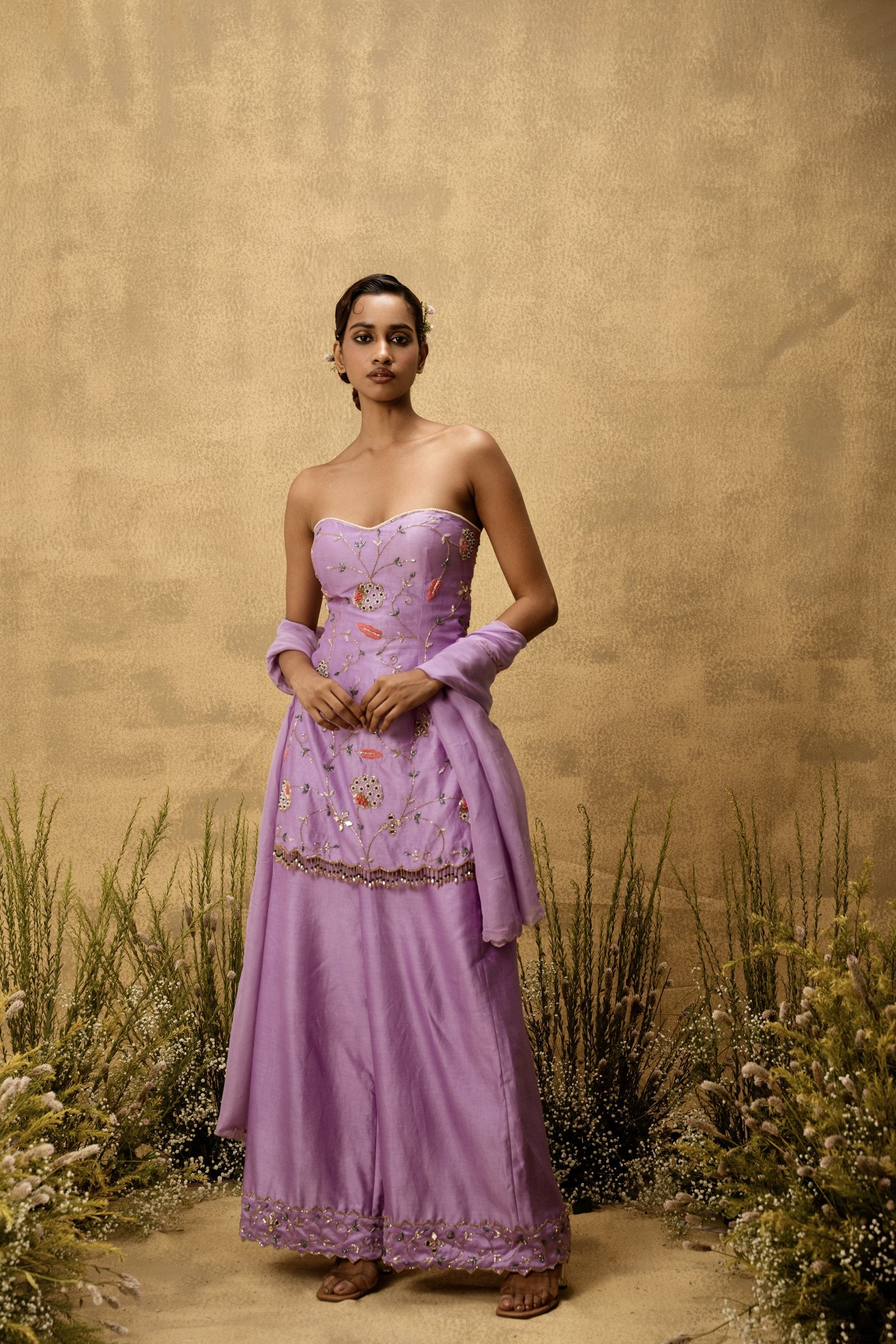 Lilac Hand Embroidered Chanderi Silk Suit Set With Organza Dupatta
