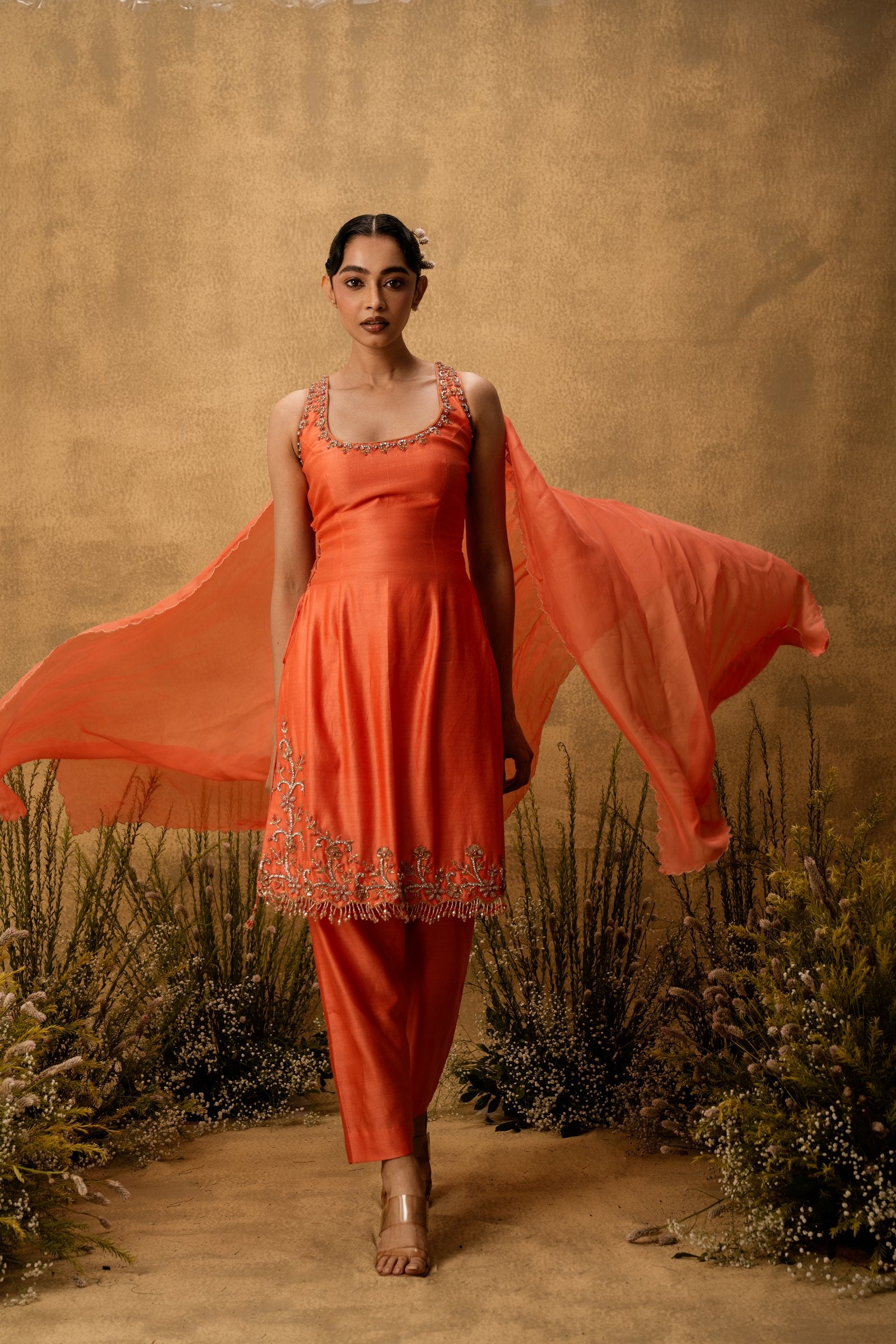 Bright Orange Hand Embroidered Chanderi Silk Suit Set With Organza Dupatta