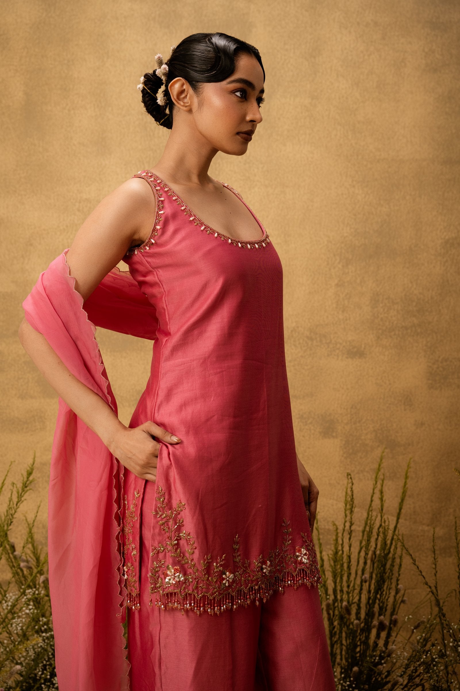 Pink Hand Embroidered Chanderi Silk Suit Set With Organza Dupatta
