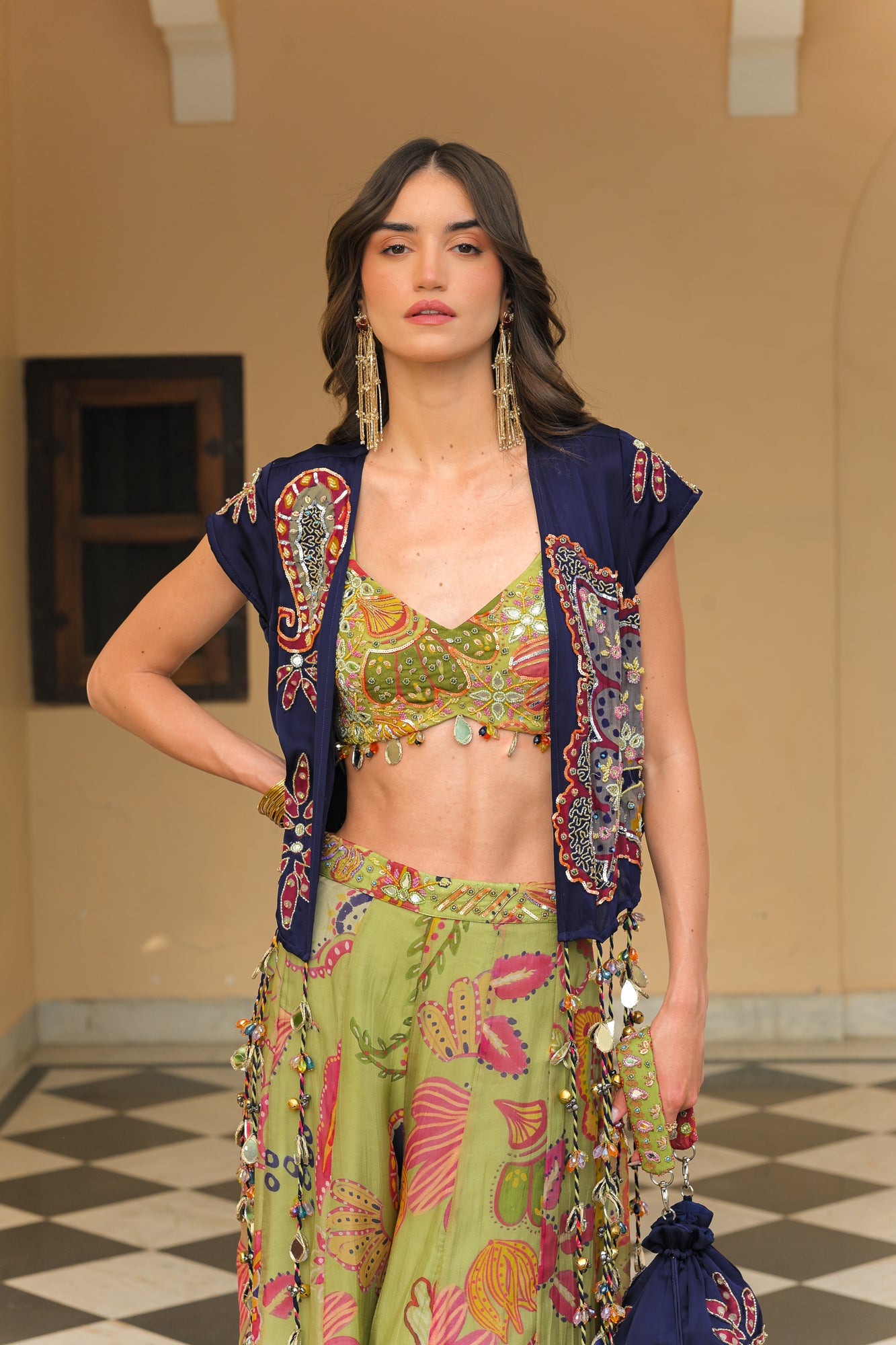 Olive Bloom Pant Bralette Tassel Jacket Set