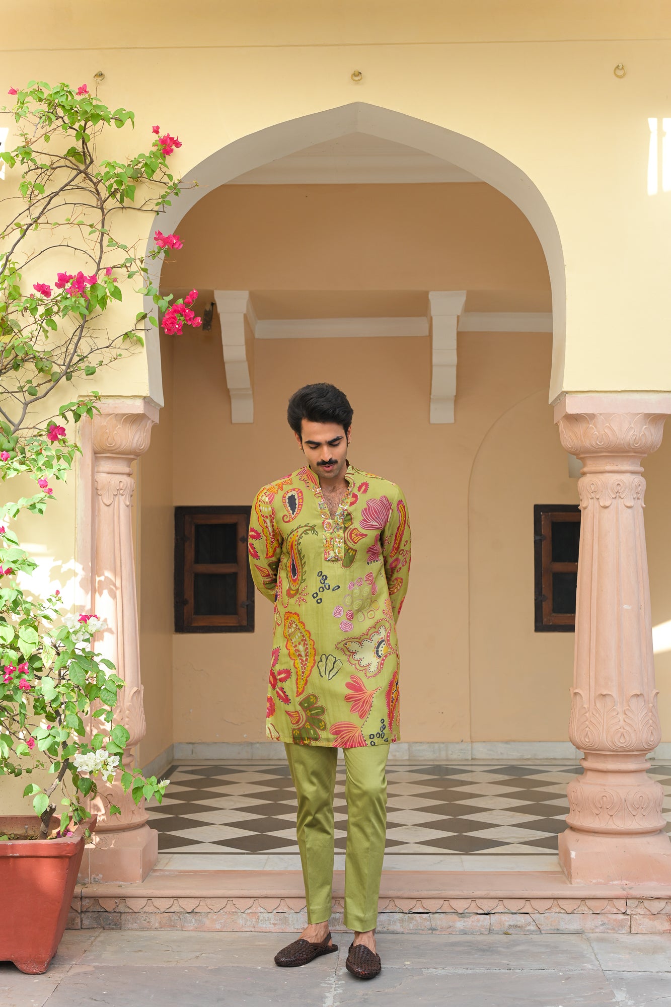 Olive Bloom V Neck Kurta Paired with Olive Pants