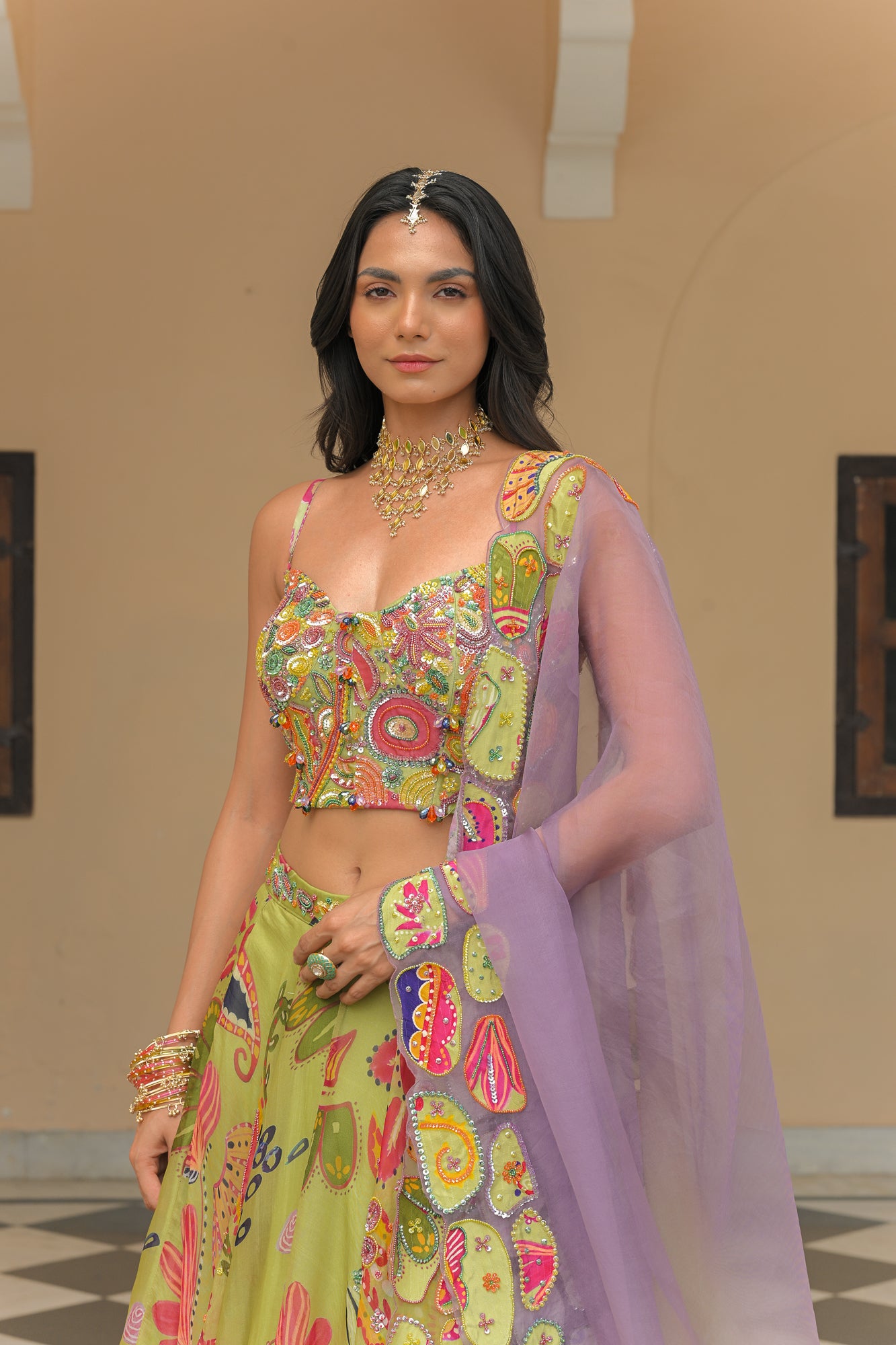 Olive Bloom Lehengas Paired with Corset and Dupatta