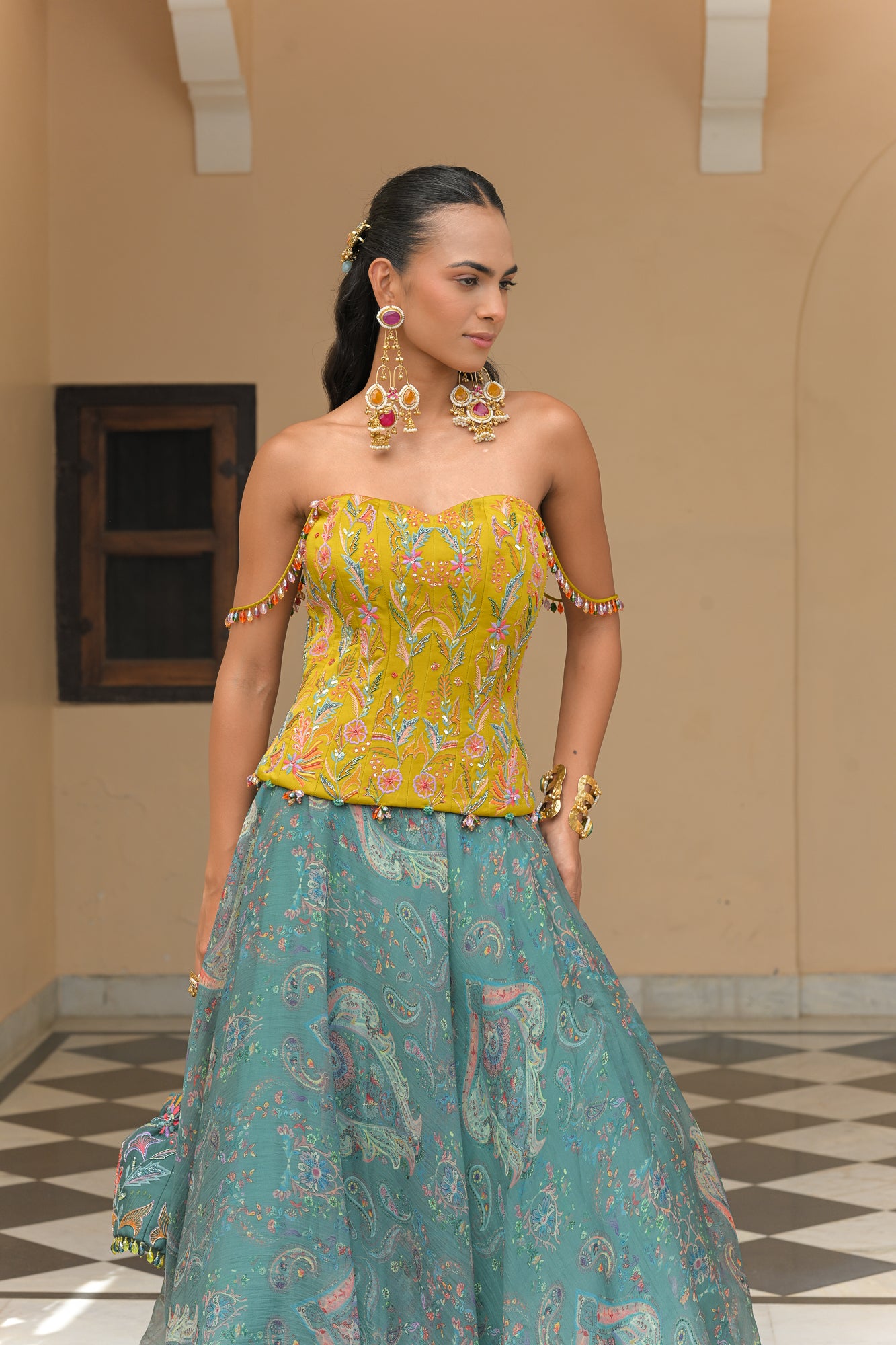 Iris Mist Printed Lehenga with Thread Work Highlight Corset