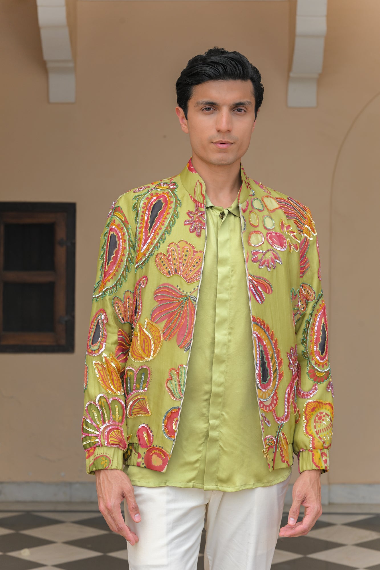 Olive Bloom Highlight Shacket with Satin Shirt Pant Set
