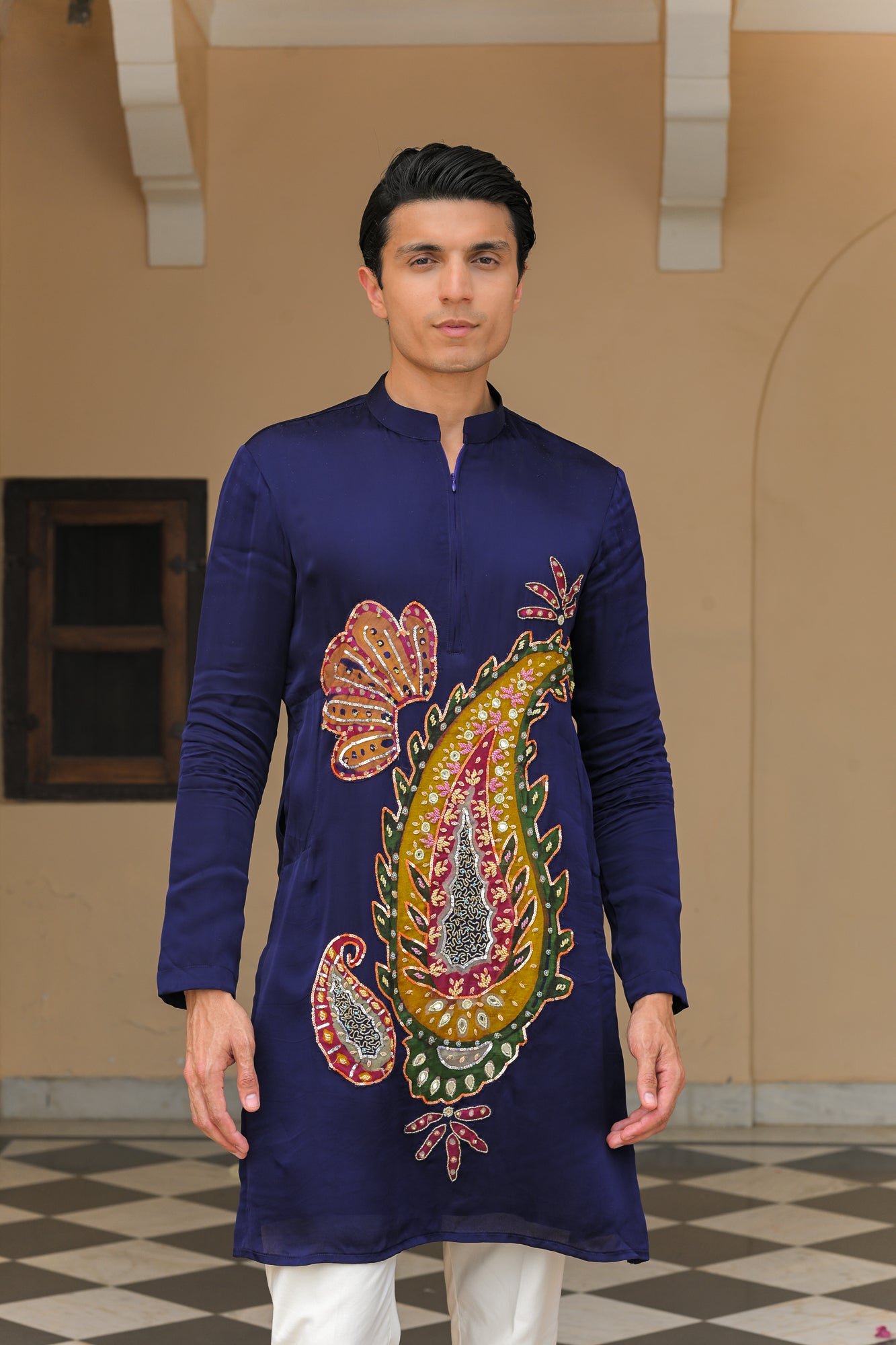 Patch Paisley Embroidered Zip Kurta Pant Set
