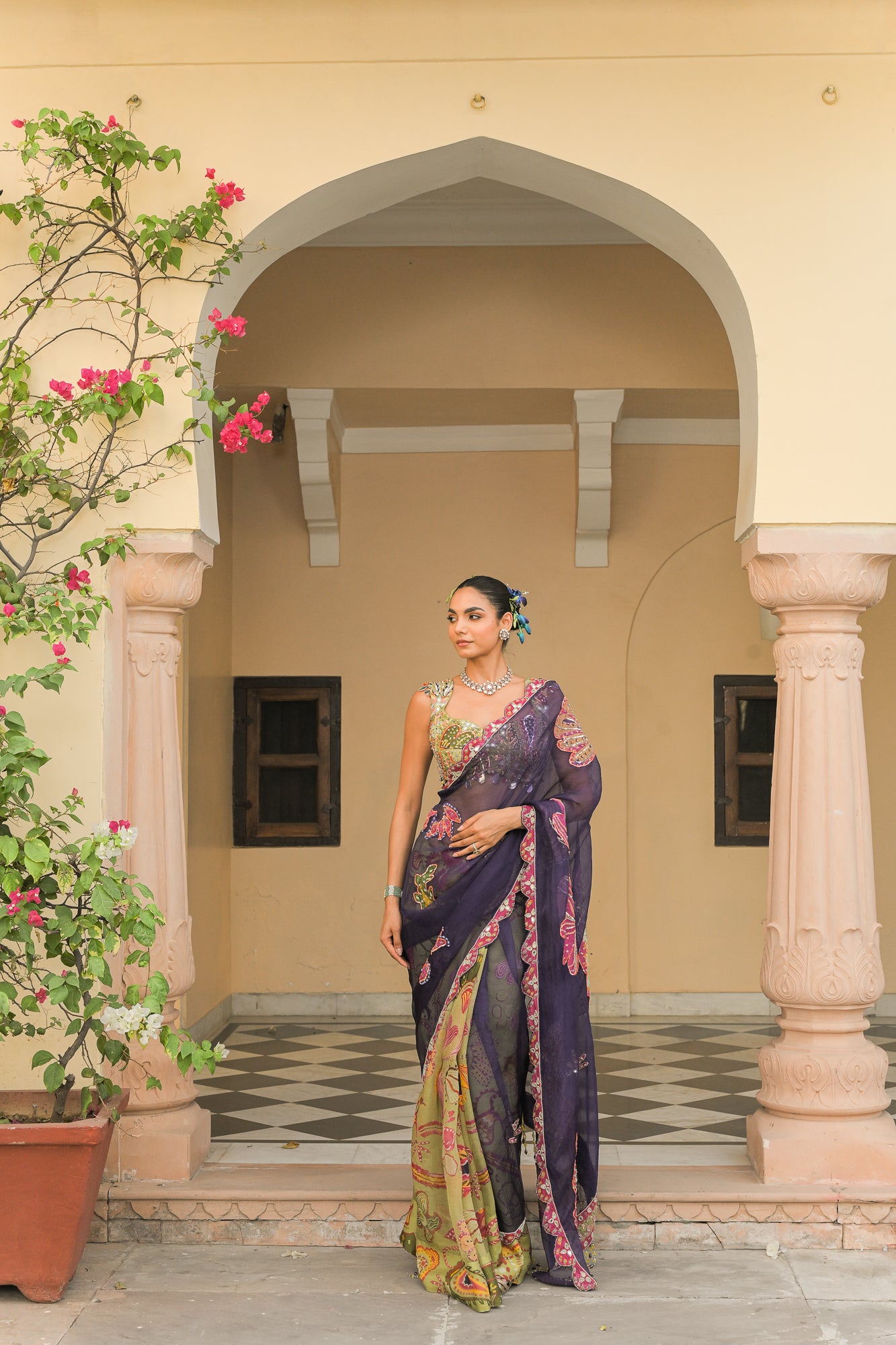 Dual Saree with Patch Palla and Olive Bloom Mirror Work Blouse